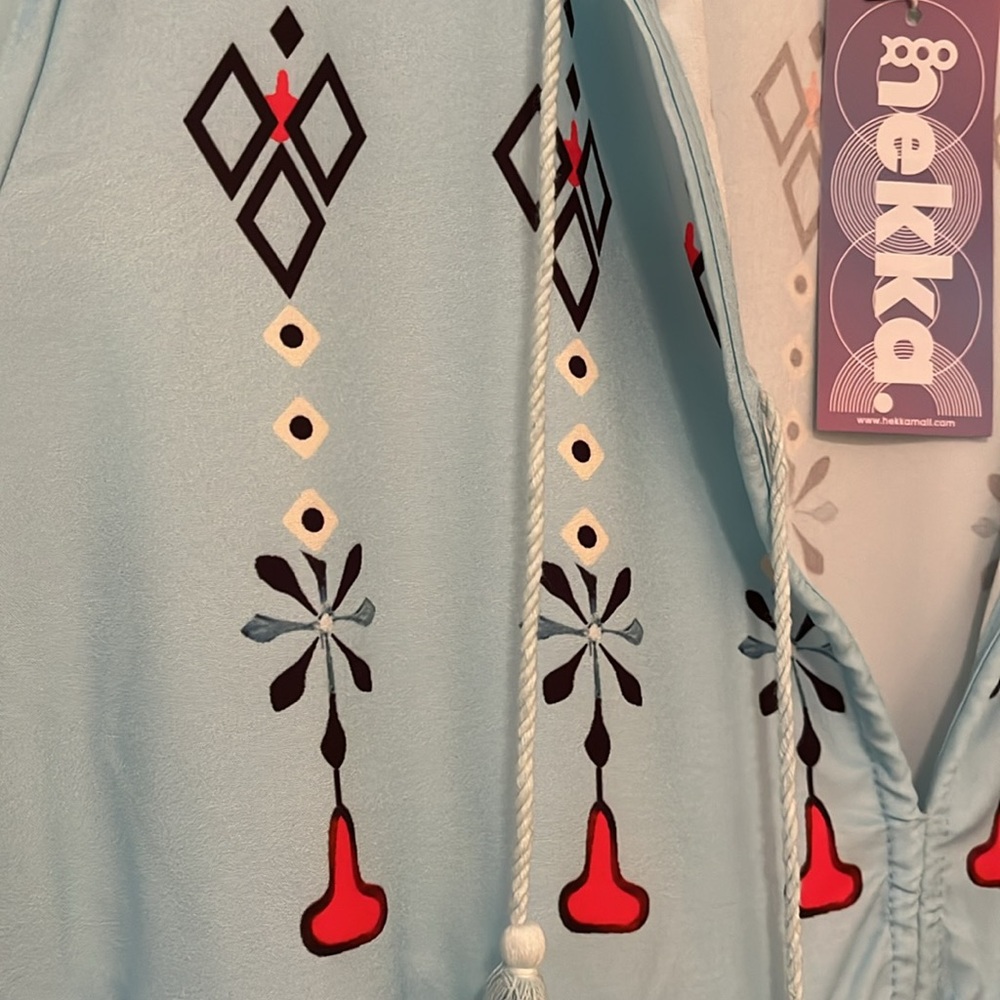 NWT Maxi dress, light blue/aqua, long sleeves, v-neck w/tassels, 3X, runs small - Picture 13 of 14